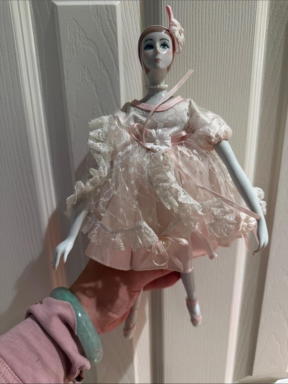 Vintage Porcelain ballerina Doll in Pink and Cream Lace Dress
